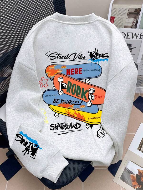 1 Boy's Long Sleeved Round Neck Pullover With "Skateboard" Print Pattern, Providing A Comfortable, Fashionable, And Casual Autumn And Winter New Top For Young Boys/Tween Boys/Teen Boys,Shoulder Hoodie Sweatshirt, Autumn/Winter,Sweatshirt For School, Shopping, Streetwear And Vacation Wear.Suitable For Boys And Girls To Wear,Suitable For Daily Wear,Can Be Given As A Gift To Family, Boyfriend,Girlfriend, Friends,Also Makes A Great Gift