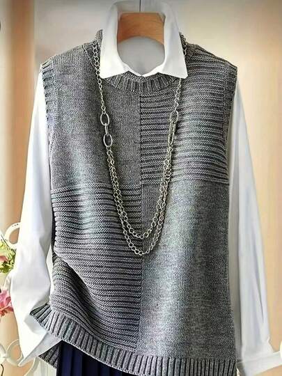 Plus Size Women Pullover Vest, Elegant European & American Style, Versatile Casual Solid Color Crew Neck Sleeveless Knit Sweater Vest, Suitable For Spring, Autumn And Winter