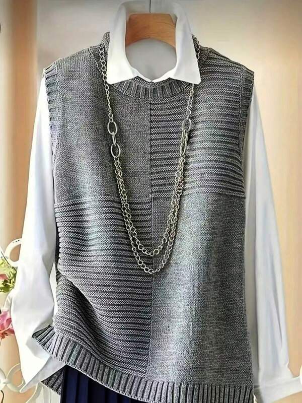 Plus Size Women Pullover Vest, Elegant European & American Style, Versatile Casual Solid Color Crew Neck Sleeveless Knit Sweater Vest, Suitable For Spring, Autumn And Winter