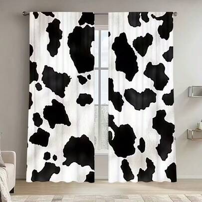 2pcs Decorative Cow Pattern Curtains - Fashionable Rod Pocket Window Curtains, Suitable For Kitchen, Living Room, Office, Bedroom, Cafe, Holiday Home, Adding Personalized And Elegance, Easy To Install