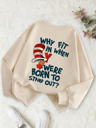 1 Girl's Long Sleeved Round Neck Pullover With A "Cool Slogan" Print Pattern, Providing A Comfortable, Fashionable, And Casual New Autumn And Winter Season Top For Young Girls/Tween Girls/Teen Girls