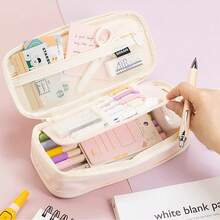 Large Capacity Pencil Case With Compartments, Expandable Pencil Bag Pouch For School & Office Supplies, Portable Stationery Organizer And Makeup Cosmetic Bag - 淺藍色 - 查看 2