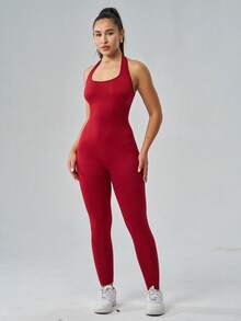 Women's Solid Color Halter Yoga Sports Jumpsuit, Moisture-Wicking, Lightweight & Breathable