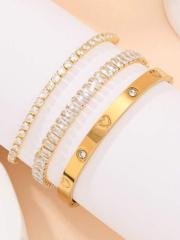 Conjunto de 3/2 peças, vintage ocidental, banhado a ouro 18K, prateado, inoxidável, com detalhes de algarismos romanos, prego, corrente de relógio, letras de amor, pulseira preta, conjunto de joias adequado para mulheres e homens, uso diário, design clássico de rebite com algarismos romanos, pulseiras à prova d'água, acessórios, conjuntos de joias para mulheres