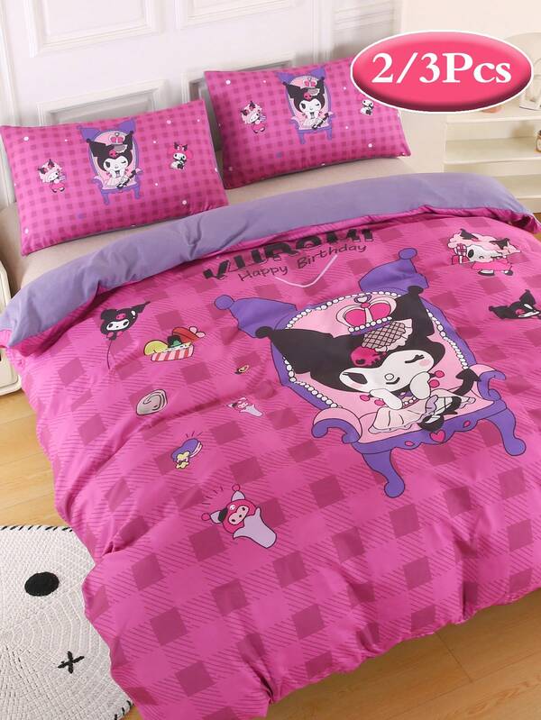 Set de huse de pilotă cu imprimeu mare Sanrio cu desene animate, 2/3 buc., lenjerie de pat Kuromi/My Melody, set de lenjerie de pat moale anti-scărpaturi, prietenos cu pielea, set de huse de pilotă în stil desen animat, textile pentru casă, husă de pilotă și față de pernă, excluzând pilota, potrivit pentru pat single și dublu, toate anotimpurile, lavabil la mașină, set de huse de pilotă cu imprimeu mare pentru lenjerie de pat de Halloween