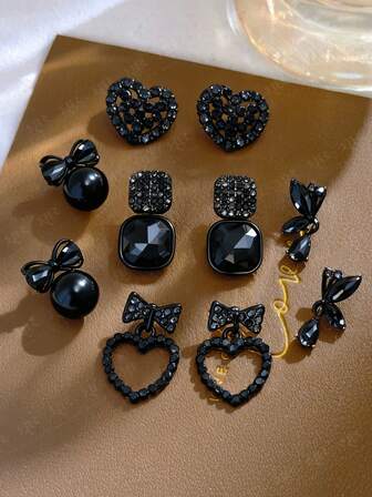 Set de 5 pares de elegantes y lujosos pendientes para mujer con diseños de corazón negro, geométricos, lazos, gota de agua y mariposa, adecuados para días festivos