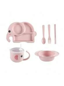 6pcs Cartoon Elephant Shaped Plate Set With Bowl, Spoon, Fork, Chopsticks, Cup, Student Divided Dinner Plate - Multicolor - View 10