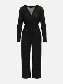 Women Solid Viscose Wrap Jumpsuit With Belt - Black - View 6