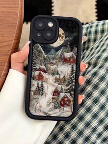 Christmas 1pc Unique Winter Snowy Landscape Pattern Black Perforated Anti-Slip Anti-Fingerprint Full Coverage Soft Phone Case Compatible With Iphone 16 ProMax/16/16 Pro/16 Plus/15/15 ProMax/15 Pro/11/12/13/14 ProMax/11 Pro/11 ProMax/12 Pro/12 ProMax/13 Pro/13 ProMax/14 Pro/14 ProMax/16 ProMax/16/16 Pro/16 Plus, Minimalist Creative Design