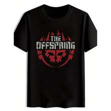 Men's Vintage Rock Band Graphic T-Shirt - Black Short Sleeve Round Neck Tee With THE OFFSPRING Skull Logo, Distressed Lettering & Red Accents - Breathable Polyester Summer Casual Top For Concerts, Festivals, Beach - Machine Washable, Rock Band T Shirts, Festival Clothing, Metallic Design Shirt, Regular Fit Shirt - Black - View 1
