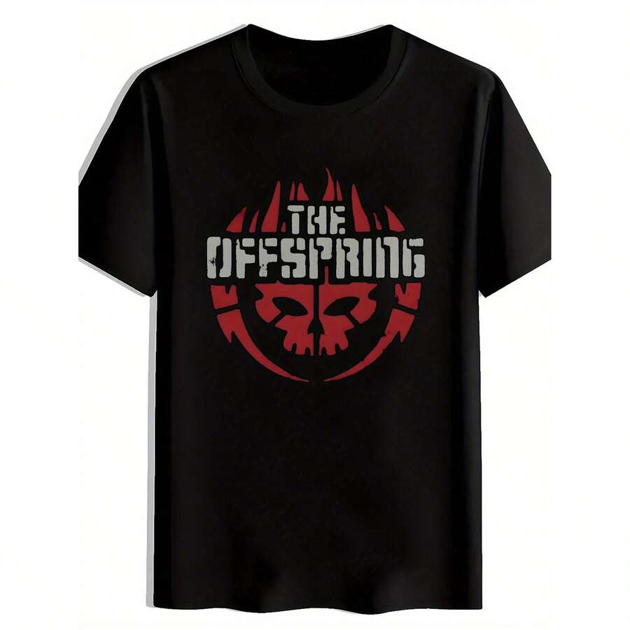 Men's Vintage Rock Band Graphic T-Shirt - Black Short Sleeve Round Neck Tee With THE OFFSPRING Skull Logo, Distressed Lettering & Red Accents - Breathable Polyester Summer Casual Top For Concerts, Festivals, Beach - Machine Washable, Rock Band T Shirts, Festival Clothing, Metallic Design Shirt, Regular Fit Shirt - Black - View 1