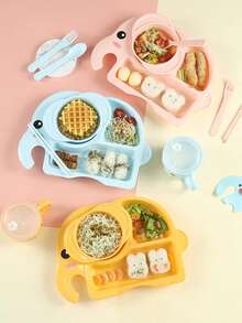 6pcs Cartoon Elephant Shaped Plate Set With Bowl, Spoon, Fork, Chopsticks, Cup, Student Divided Dinner Plate - Multicolor - View 3
