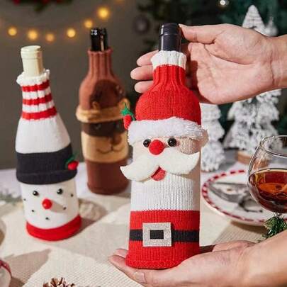 1 件圣诞老人和雪人酒瓶套、圣诞毛衣酒瓶套最新酒瓶衣服套装适用于圣诞婚礼派对餐桌装饰、气氛装饰活动服装、节日餐厅装饰
