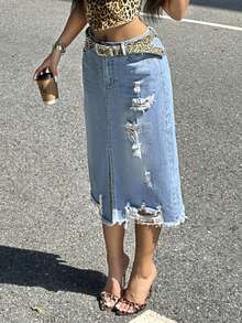 Gonna di jeans mini estiva casual con orlo sfrangiato e rovinato