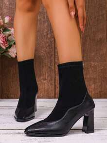 Women's Western Style Square Toe Chunky Heel Ankle Boots, Back Zipper Short Boots For Commute, Party, Minimalist Sexy High Heels