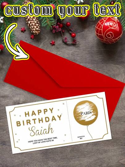 Um vale-presente personalizado para raspadinha de aniversário, vale-presente surpresa de aniversário, raspadinha para dia de spa, revelação de feriado, vale-presente especial de aniversário, com possibilidade de upload de qualquer texto personalizado. Cartões de raspadinha de aniversário personalizáveis que podem ser presenteados a familiares, amigos, professores e colegas de classe. Tamanho 21 x 10 cm.