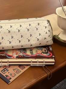 1pc Cute Large Capacity Cosmetic & Stationery Storage Bag, Bow Decor Pencil Case