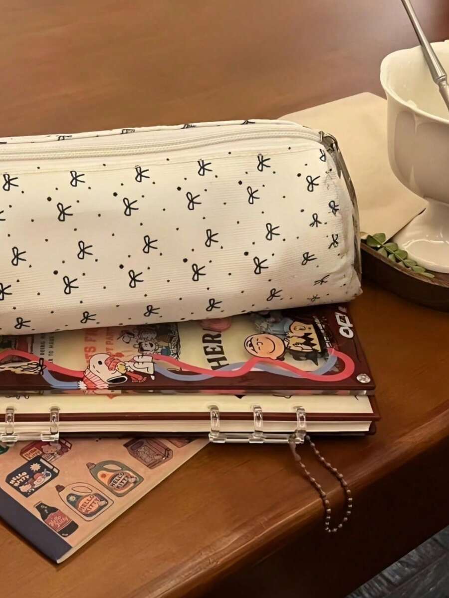 1pc Cute Large Capacity Cosmetic & Stationery Storage Bag, Bow Decor Pencil Case