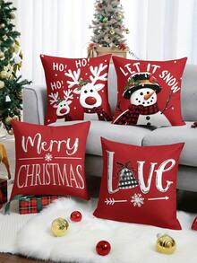 4件/1件 紅色聖誕抱枕套－馴鹿、雪人與「Merry Christmas」/「Love」設計，18x18英吋 | 拉鍊式封口 | 明亮色彩，聚酯纖維材質 | 適用於客廳、房間裝飾、沙發與臥室（不含枕芯）完美適合聖誕裝飾、聖誕派對、居家聖誕佈置 - 彩色 - 查看 9