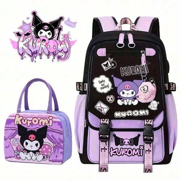 Sanrio Kuromi Anime Cartoon Rucksack, Nylon Laptop Rucksack für Jungen und Mädchen, mehrere Fächer, verstellbare Schultergurte, geeignet für Schule, Alltag und Reisen, süßer Cartoon-Druck, Rucksack mit stabilem Reißverschluss, Schul-Zubehör Geschenke zu Weihnachten, Fröhliche Weihnachten, Weihnachtsbäume