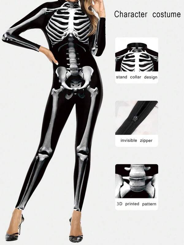 Halloween Classic Realistic Skull Print Colorblock Jumpsuit, Horror Character Cosplay Stage Performance Costume
