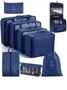 9pcs/7pcs/1pc Beige Letter Pattern Travel Packing Cubes, Travel Organizer Set, Luggage Organizer Bags, Travel Luggage Packing Organizers With Laundry Bag, Compression Shoe Bag, Clothes Underwear Bag, Unisex, Make Travel Easier, Suitable For Travel Storage Bags, Cosmetic Bags, Dorm Room Decor, Bedroom Storage Bags