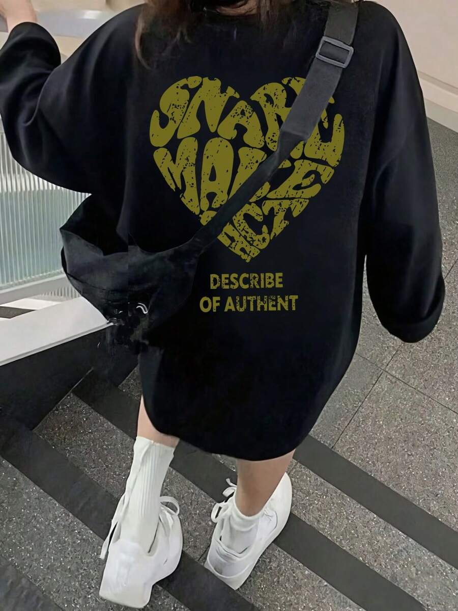 心形印花长袖圆领 T 恤，休闲宽松百搭女式上衣，秋季 - 黑色 - 查看 1