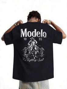1pc Modelo Camiseta de Hombre con Estampado Gráfico 100% Algodón, Estilo Deportivo Casual, Estilo de Calle a la Moda, Adecuada para Viajes y Ropa Deportiva - Negro - Ver 2