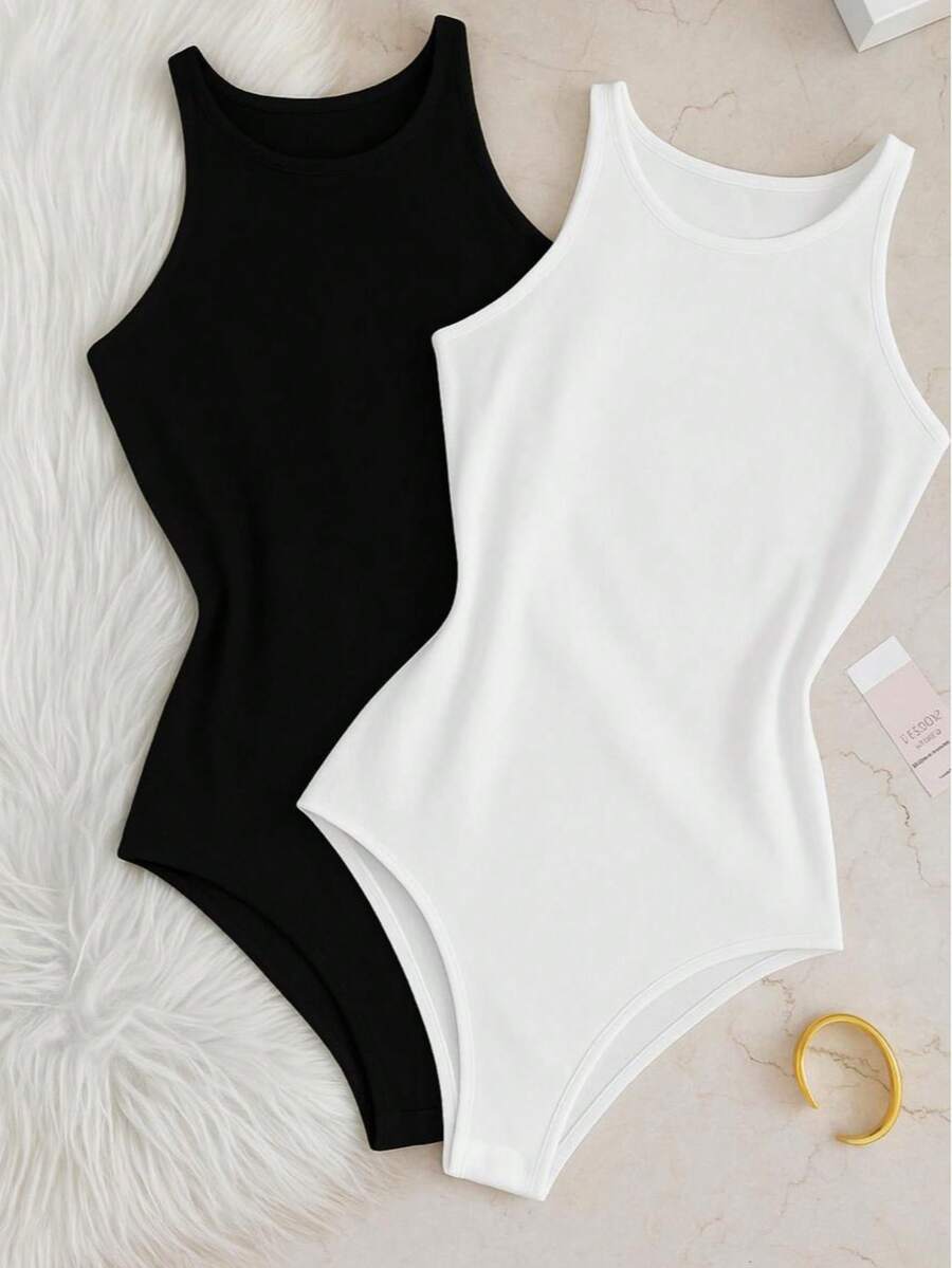 Kit 2 Bori Women's Bodysuits Basic Tank Top Casual Style Lined Second Skin Leotard Chic Timeless - 黑/白 - 查看 1