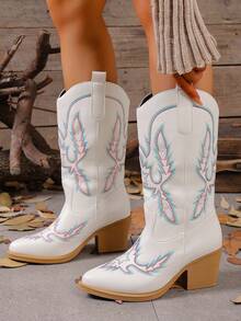 Fall/Winter Women's New Retro American Style Embroidered Leather Pointed Toe Western Boots, Pointed Toe Chunky Heel Tall Shaft Stylish Cowboy Boots, High Heel Chunky Heel Riding Boots, Fashion Punk Style Chelsea Boots - White - View 4