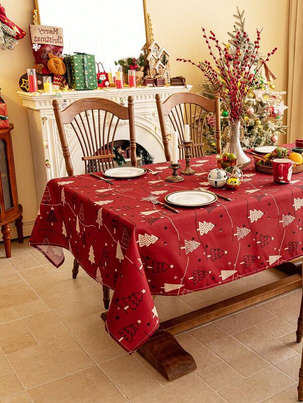 Toalha de mesa vermelha de Feliz Natal, 1 peça, estampa de árvore de Natal dourada, textura de nó de bambu 3D, capa de mesa de jantar retangular, lavável, adequada para cozinha, sala de jantar, sala de estar, refeições, reuniões, festas, eventos de feriados, decoração de ano novo, decoração de Natal, presentes, decoração de outono