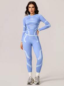 NcmRyu 1 Conjunto de top de manga larga y pantalones de contraste de color elástico térmico de moda para levantar el busto, traje deportivo y de esquí, conjunto de esquí para mujer