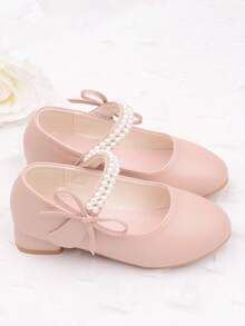 Girls Pearl Princess Shoes, White Leather Shoes, Mid-Heel, Spring/Autumn