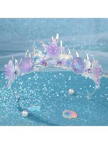 1 件优雅紫色心形海星贝壳美人鱼尾巴带闪亮皇冠新娘婚礼头饰，公主发饰 - 彩色 - 查看 10