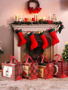4/8pcs Large Christmas Party Bags, Reusable Red & Black Plaid Non-Woven Fabric Bags, Gift Bags With Handles, Christmas Party Supplies, 12.8*9.8*6.7 Inches