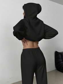 两件套保暖舒适女士宽松长袖连帽衫（带口袋）和运动裤，适合秋冬春季日常/办公/居家穿着，黑色 - 黑色 - 查看 6