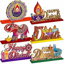 D6 Pcs Diwali Table Decorations Happy Diwali Decorations Deepavali Candle Oil Lamp Wooden Table Centerpieces India Festival Of Lights Sign For India Diwali Party Supplies Home Decor10