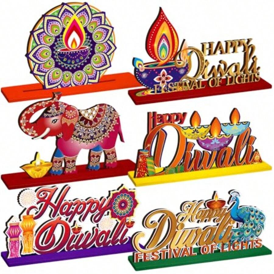 D6 Pcs Diwali Table Decorations Happy Diwali Decorations Deepavali Candle Oil Lamp Wooden Table Centerpieces India Festival Of Lights Sign For India Diwali Party Supplies Home Decor10