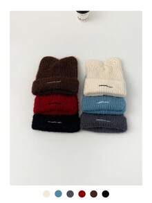 Cute Cat Ear Plush Hat, Thick Warm Ear Protection, Korean Sweet Makeup, Versatile Knit Cap, Autumn/Winter; Sweet Cute Cat Ear Plush Knit Hat, Warm, Versatile, Small Logo Knit Hat; Sweet Cute Cat Ear Plush Knit Hat, Warm, Versatile, Small Logo Knit Cap, Autumn/Winter