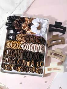 262pcs/Set Chocolate-Tone Hair Accessories Combo, Includes Large Square Plastic Hair Hoops, Spiral Coils, Seamless Clips, And Snag-Free Hair Ties - Suitable For Girls And Women, Retro And Minimalist Style - Suitable For Daily Wear In All Seasons - 2025 New Fashion Headpieces, School Stuff, Gifts, Hair Bobbles