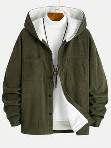 男士灯芯绒连帽夹克，双口袋设计，全拉链，撞色纽扣，单面保暖内衬，适合日常通勤、休闲穿着以及秋冬季户外散步。