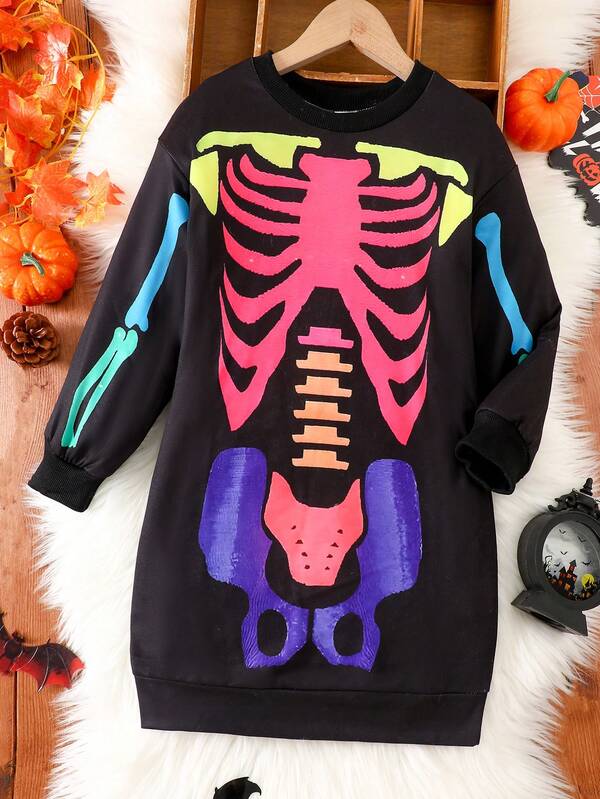Girls' Halloween Outdoor Casual Sports Fashion Party Colorful Skeleton Pattern Black Crew Neck Long Sleeve Sweatshirt, Holiday Gift For Kids