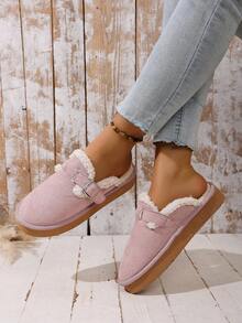 Plus Size Furry Slippers For Women, Thick Sole Snow Slip-On Closed Toe Fluffy Slides For Autumn/Winter - Pink - View 3