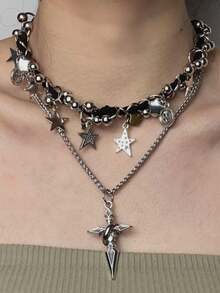 Collana stile punk con pendente a stella, pentagramma e croce, design unico, catena a più strati per il collo per uomo e donna