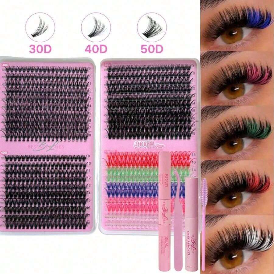 800pcs Colorful DIY Lash Extensions Kit, 8 Styles 30D+40D+50D+Colored Fluffy Individual Cluster, D Curl Volume Dramatic Eyelash Extensions 9-18mm Mixed Tray, Bulk Personal Lash Extensions With Lash Bond & Seal And Lash Tweezer DIY At Home, Suitable For Daily Makeup And Role Play, Reusable