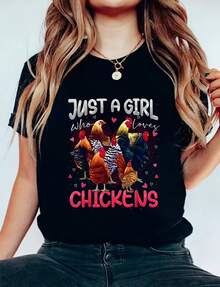 Just A Girl Who Loves Chickens. Women's Chicken Lover Graphic Print Short Sleeve Crew Neck T-Shirt, High Quality 220g Pure Cotton Minimalist Print T-Shirt, Halloween Costume Tops For Women - 黑色 - 查看 1