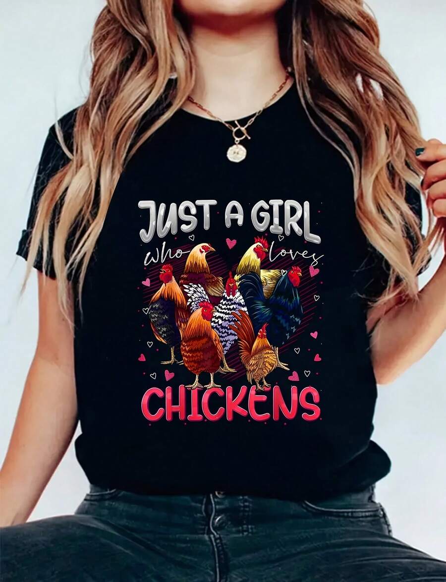 Just A Girl Who Loves Chickens. Women's Chicken Lover Graphic Print Short Sleeve Crew Neck T-Shirt, High Quality 220g Pure Cotton Minimalist Print T-Shirt, Halloween Costume Tops For Women - 黑色 - 查看 1