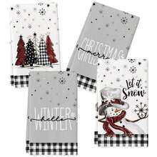 [Christmas Decoration] 2Pcs/4Pcs Black White Buffalo Plaid Snowman Xmas Trees Christmas Kitchen Towels Dish Towels, 16x24 Inch Daily Buffalo Plaid Winter Room Funky Home Decoration Hand Towels
