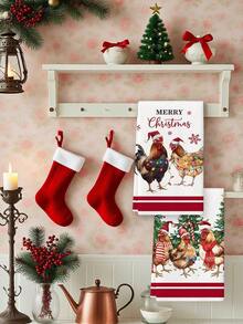 2 Pcs Christmas Rooster Pattern Kitchen Towels Watercolor Style Dish Towels Can Be Used In Kitchen Drying Hand Towels Tea Towels Suitable For Christmas Farmhouse Kitchen Home Indoor Dish Drying - Red and White - View 6
