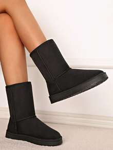 Botas de nieve con pelaje para mujer hasta la pantorrilla, botas negras, botas de cuero de PU con cierre deslizante, a prueba de viento y cálidas para invierno, Navidad y vacaciones, botas negras de unicolor con estilo occidental y forro de peluche para el hogar y las vacaciones